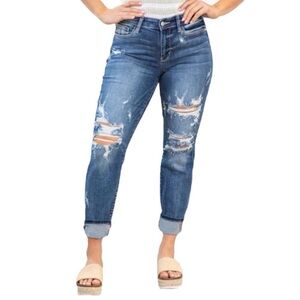 Judy Blue Boyfriend Fit Jeans High Rise Distressed Size 11 Medium Wash